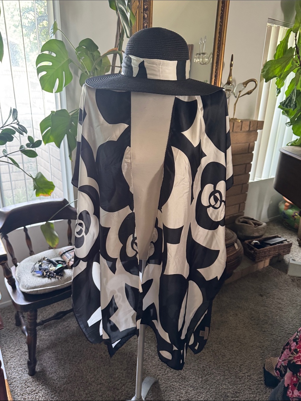 Max Studio Black and White Floral Sheer Swim Coverup with Matching Hat